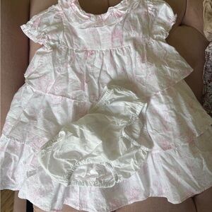 JANIE AND JACK White & Light Pink Tiered Bunny Spring Baby Dress with Bloomer